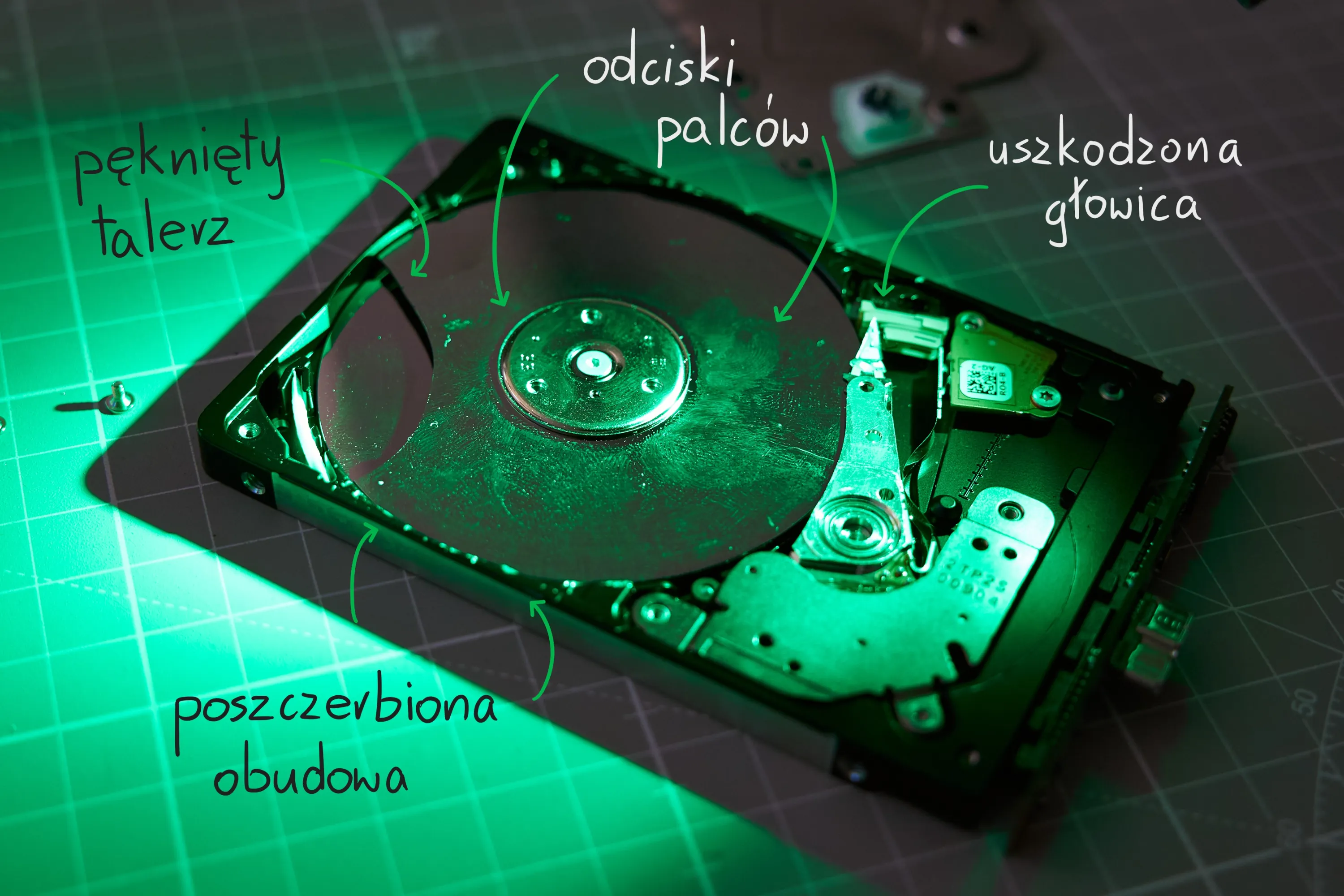 Dysk HDD po domowych próbach naprawy – pęknięty talerz, odciski palców i uszkodzona głowica