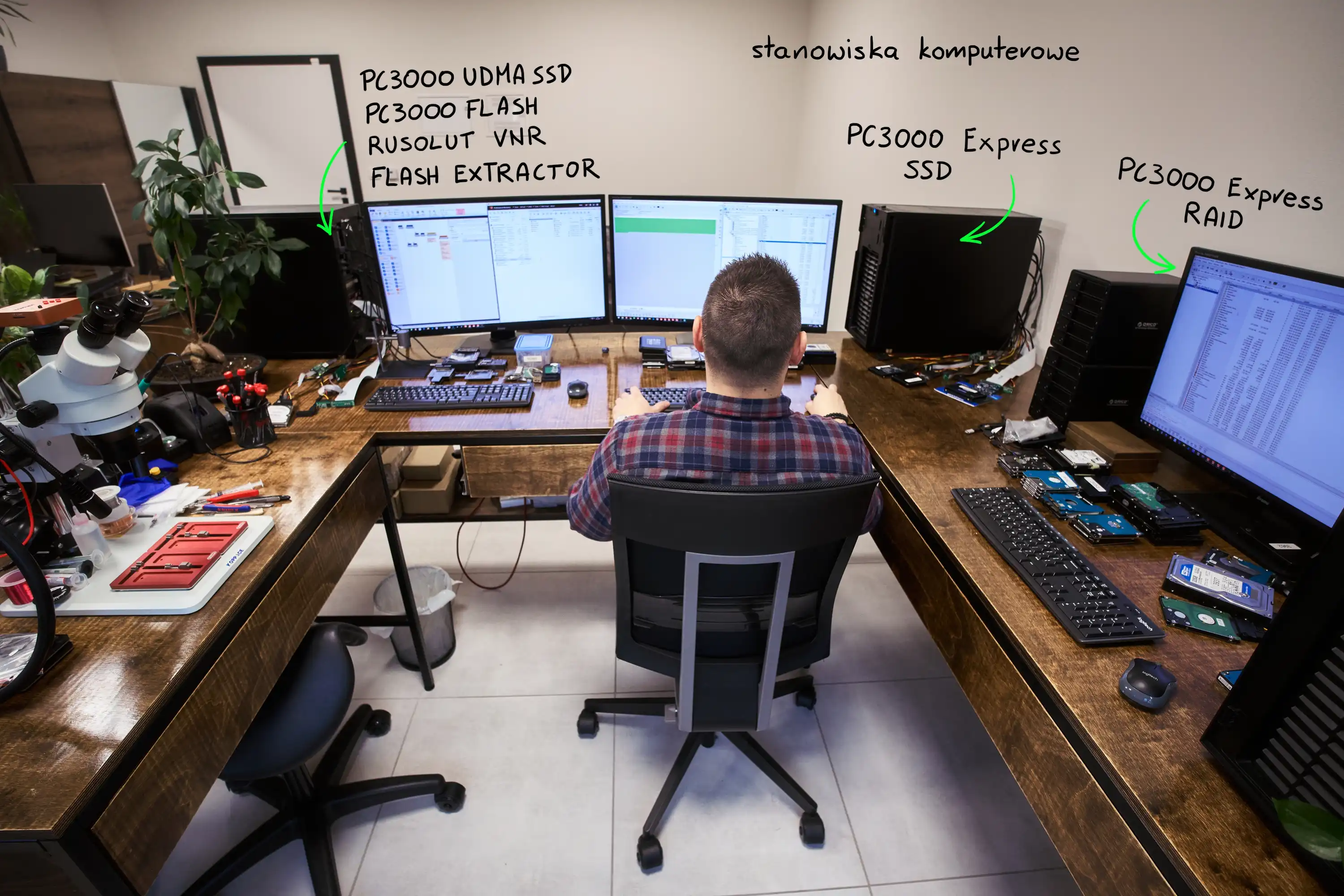 Profesjonalne stacje PC3000 Express i UDMA oraz systemy Rusolut VNR i Flash Extractor do odzyskiwania danych z dysków SSD, RAID i Flash w HEX SERWIS