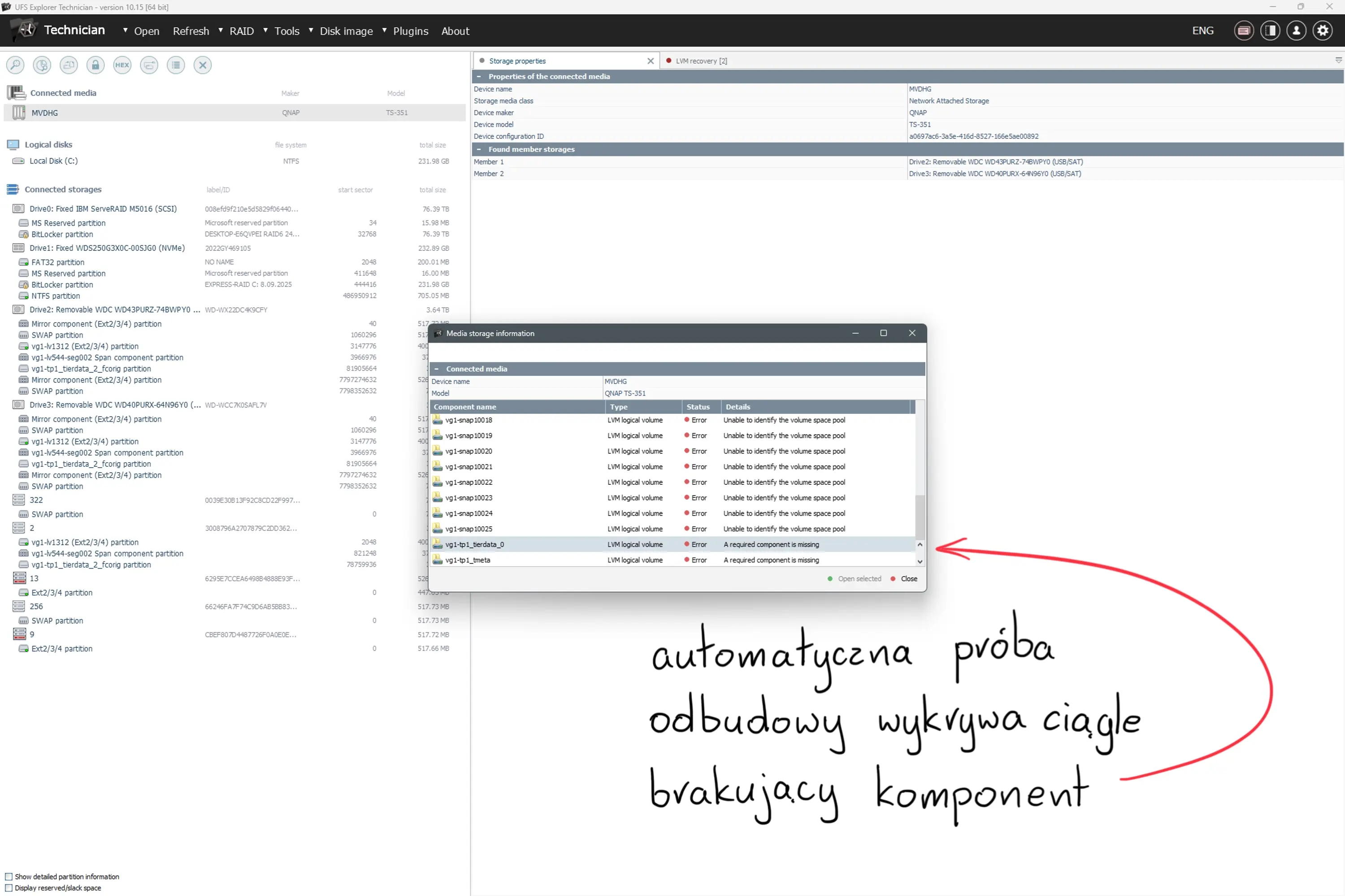 Automatyczna próba odbudowy macierzy RAID QNAP TS-351 w PC-3000 – ciągły błąd brakującego komponentu lustra
