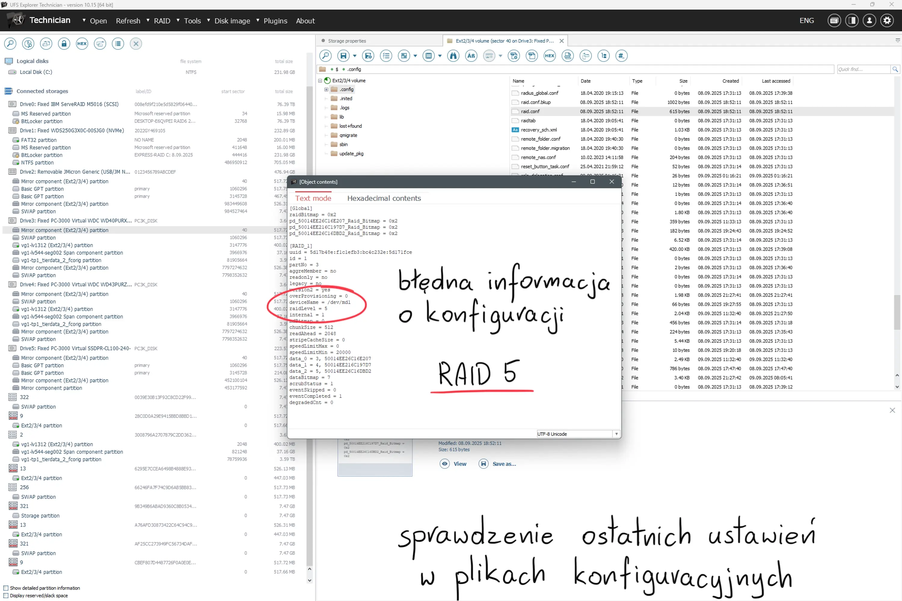 Pliki konfiguracyjne serwera QNAP TS-351 z błędną informacją o konfiguracji RAID 5, niezgodną z fizyczną strukturą dysków