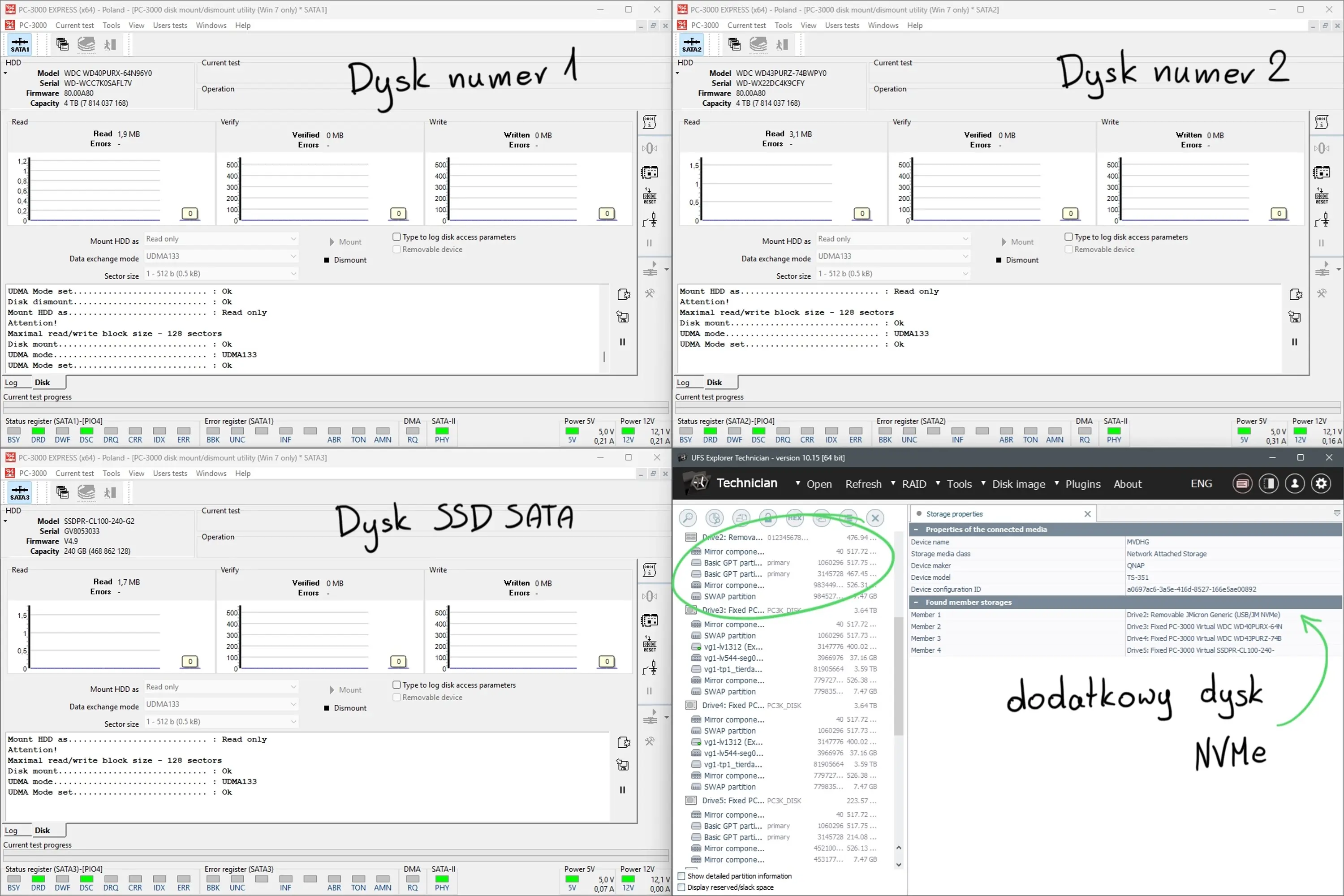 Cztery dyski serwera QNAP TS-351 podłączone do PC-3000: dwa dyski HDD WD40PURZ, dysk SSD SATA oraz dodatkowy dysk NVMe