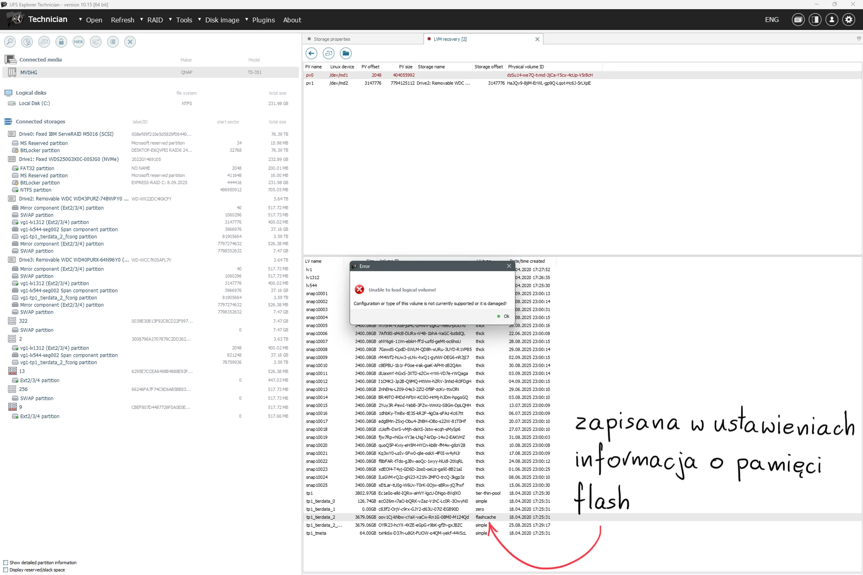 Informacja o konfiguracji pamięci flash SSD Cache zapisana w ustawieniach macierzy QNAP TS-351