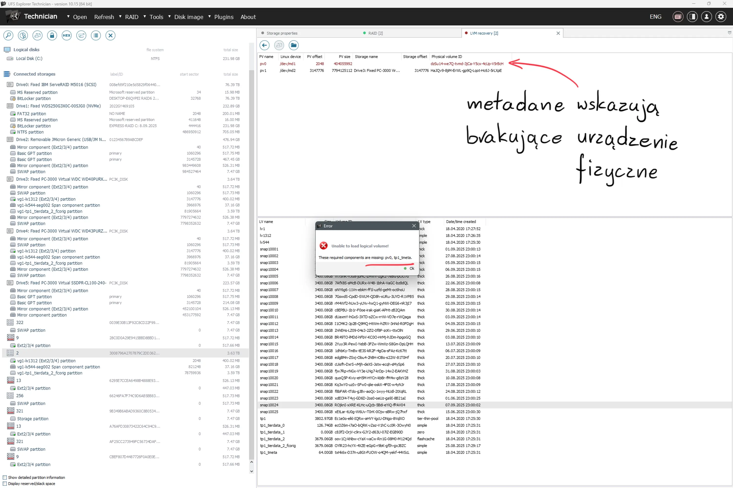 Metadane macierzy QNAP TS-351 wskazujące na brakujące urządzenie fizyczne w konfiguracji SSD Cache
