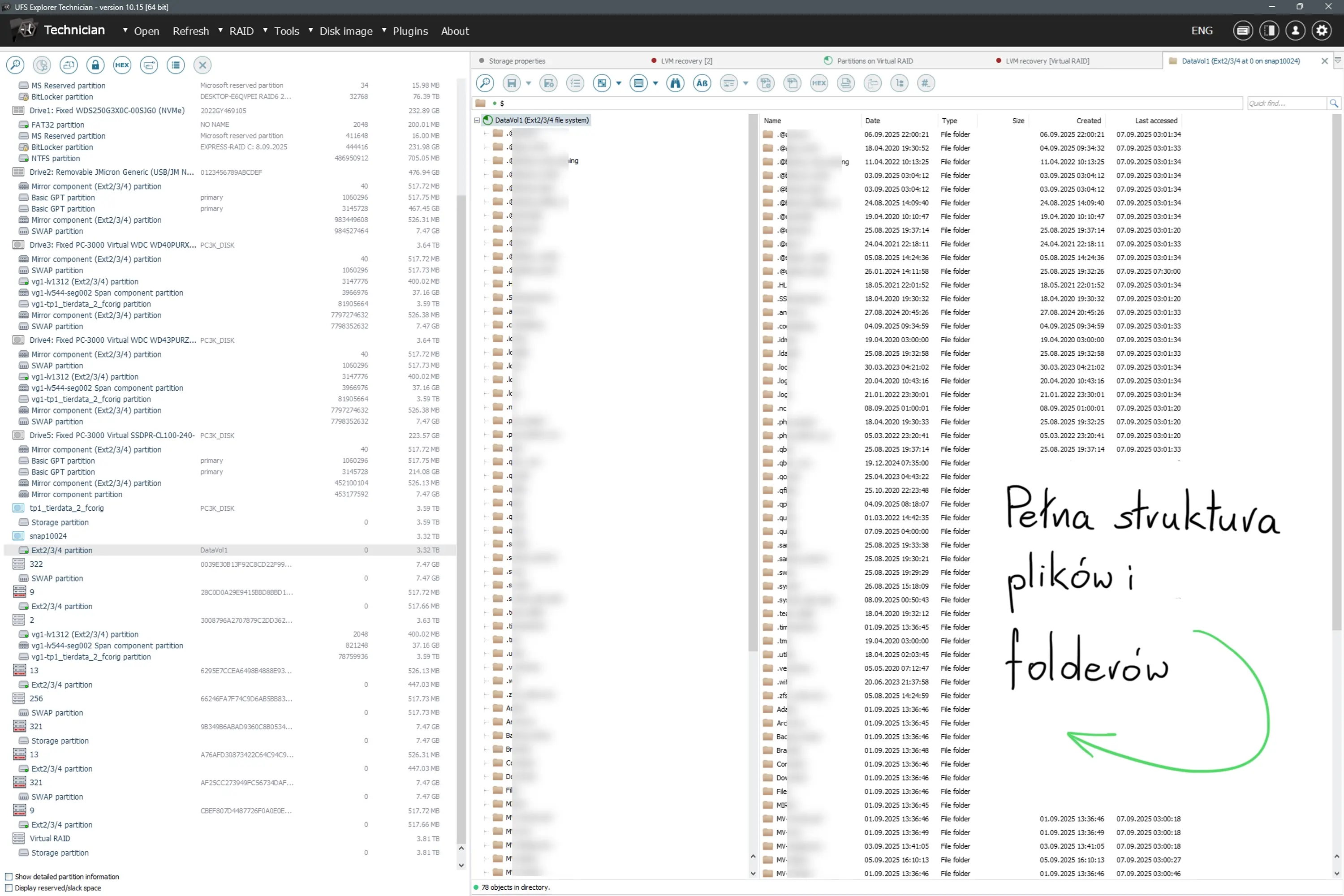 Pełna struktura plików i folderów odzyskana po ręcznej rekonstrukcji macierzy QNAP TS-351 – 1 245 453 plików bez uszkodzeń