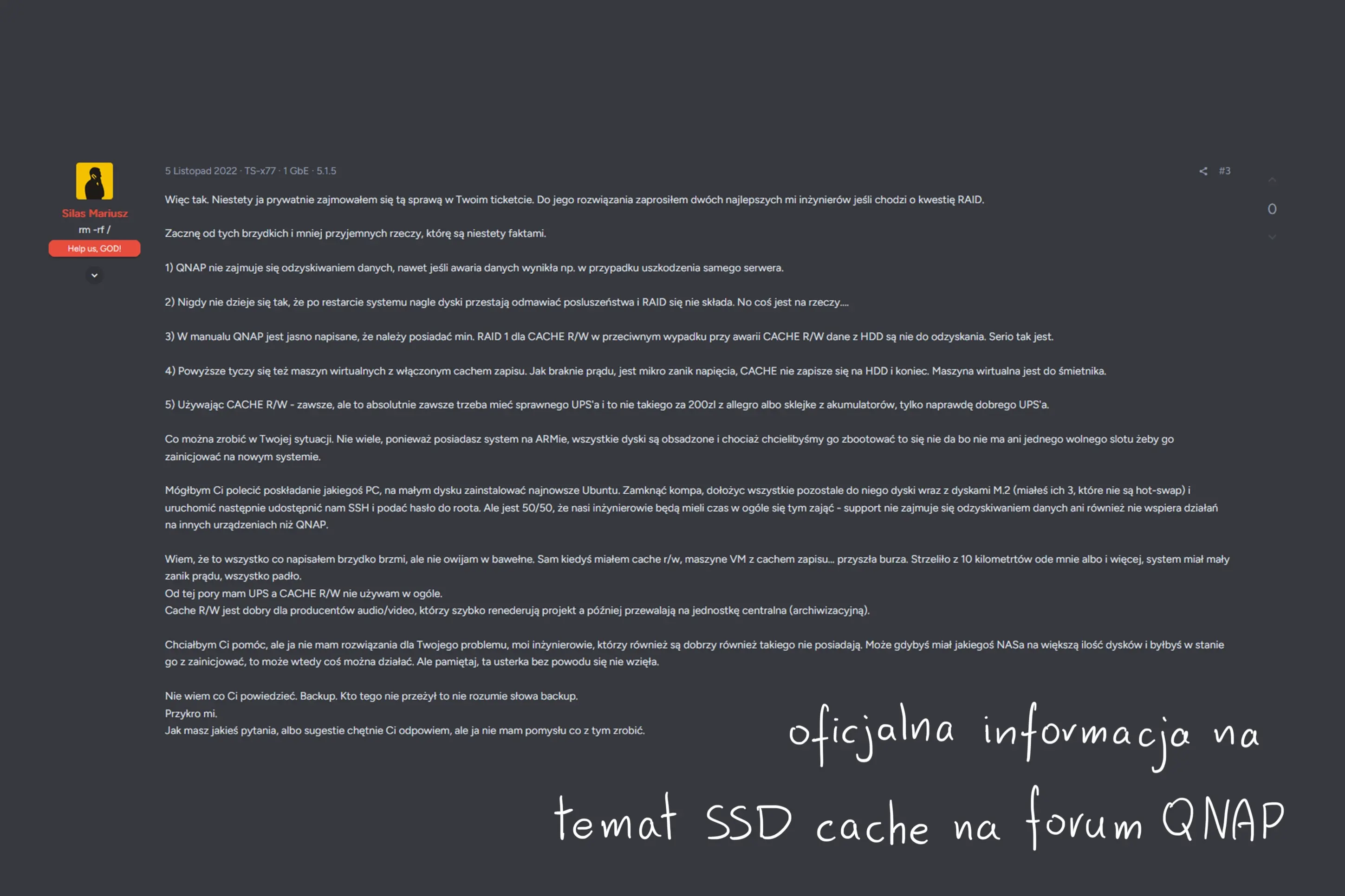 Oficjalne stanowisko na forum QNAP dotyczące ryzyka utraty danych przy konfiguracji SSD Cache w trybie odczyt/zapis