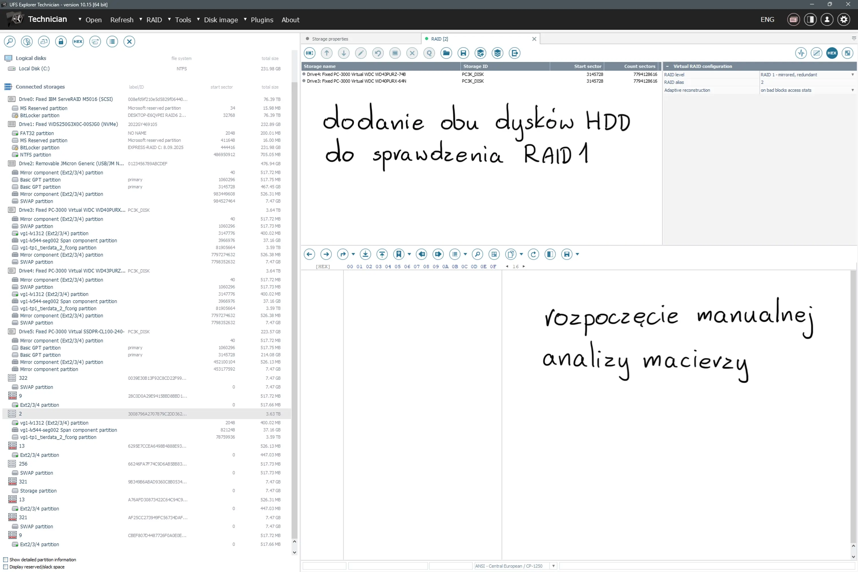 Dodanie obu dysków HDD do analizy RAID 1 w PC-3000 i rozpoczęcie manualnej rekonstrukcji macierzy QNAP TS-351