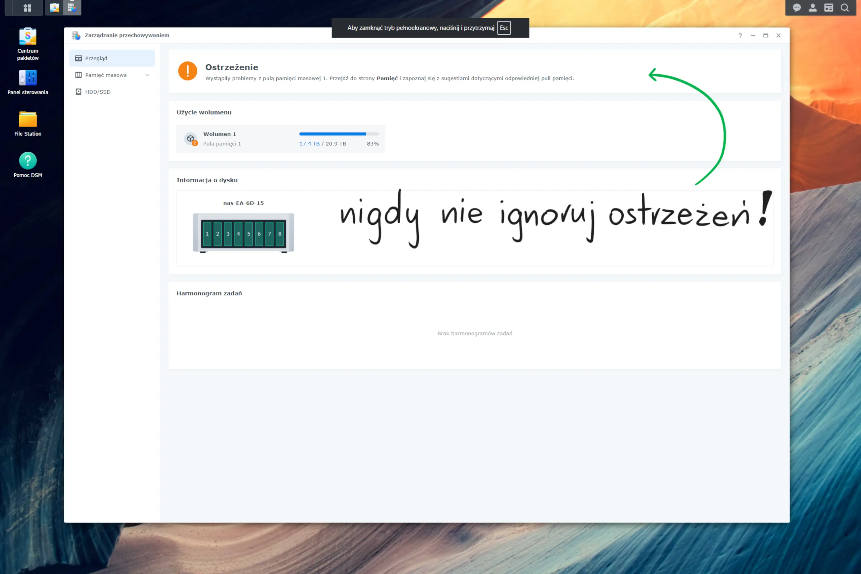 Ostrzeżenie w systemie Synology DSM – nigdy nie ignoruj komunikatów o problemach z macierzą RAID
