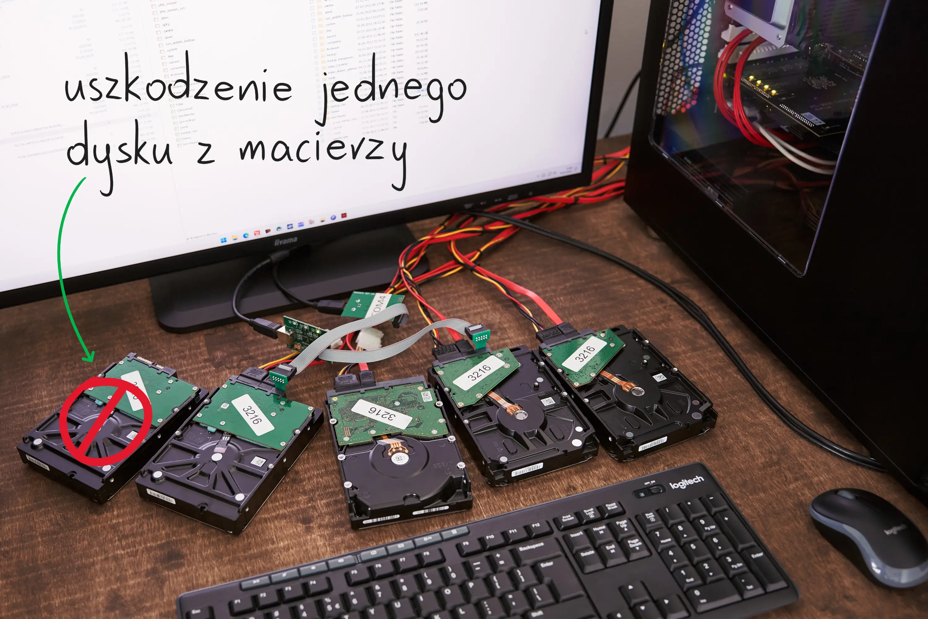 Odzyskiwanie danych z macierzy RAID – uszkodzony dysk oznaczony podczas analizy