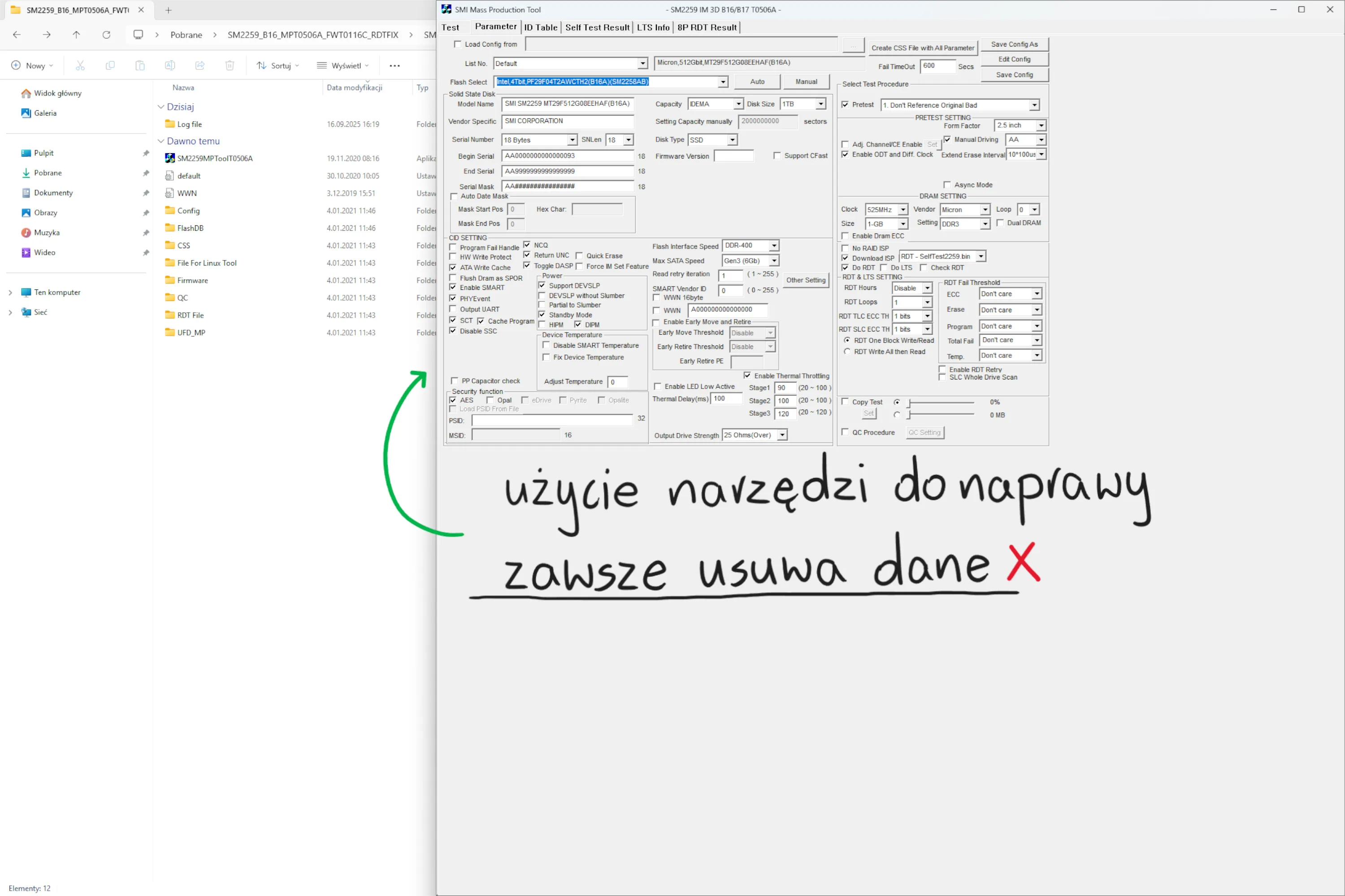 Narzędzia do naprawy dysków SSD i NVMe zawsze usuwają dane – przykład programu SMI MP Tool